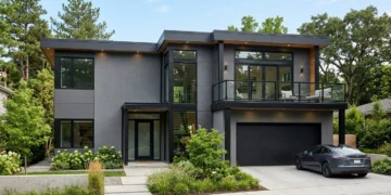 modern grey house with black trim