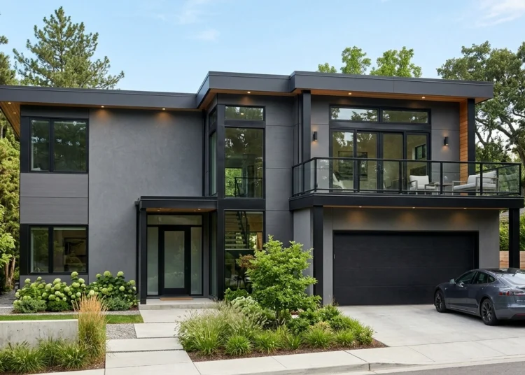 modern grey house with black trim