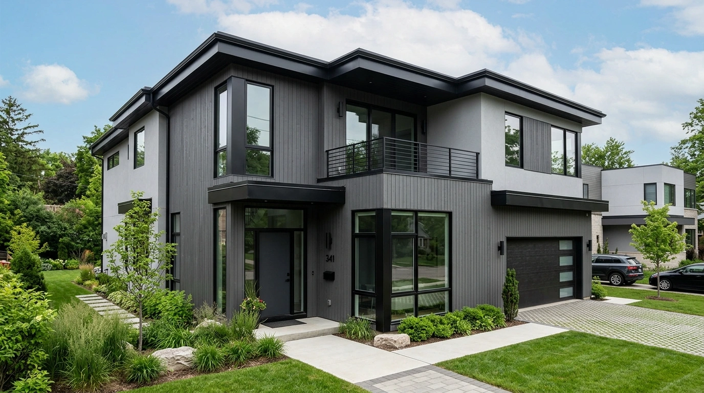 Modern Grey House with Black Trim and Light Grey Siding