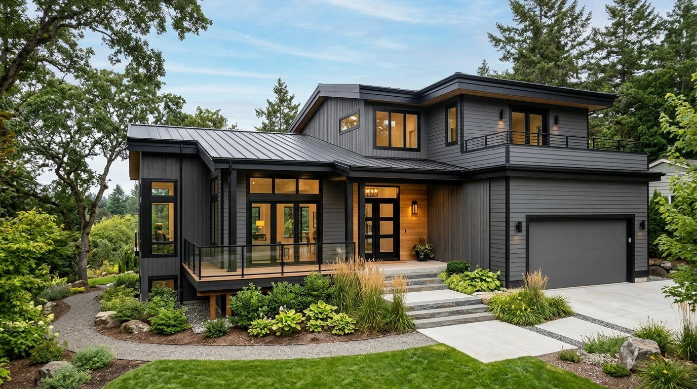 Modern Grey House with Black Trim and Dark Grey Siding