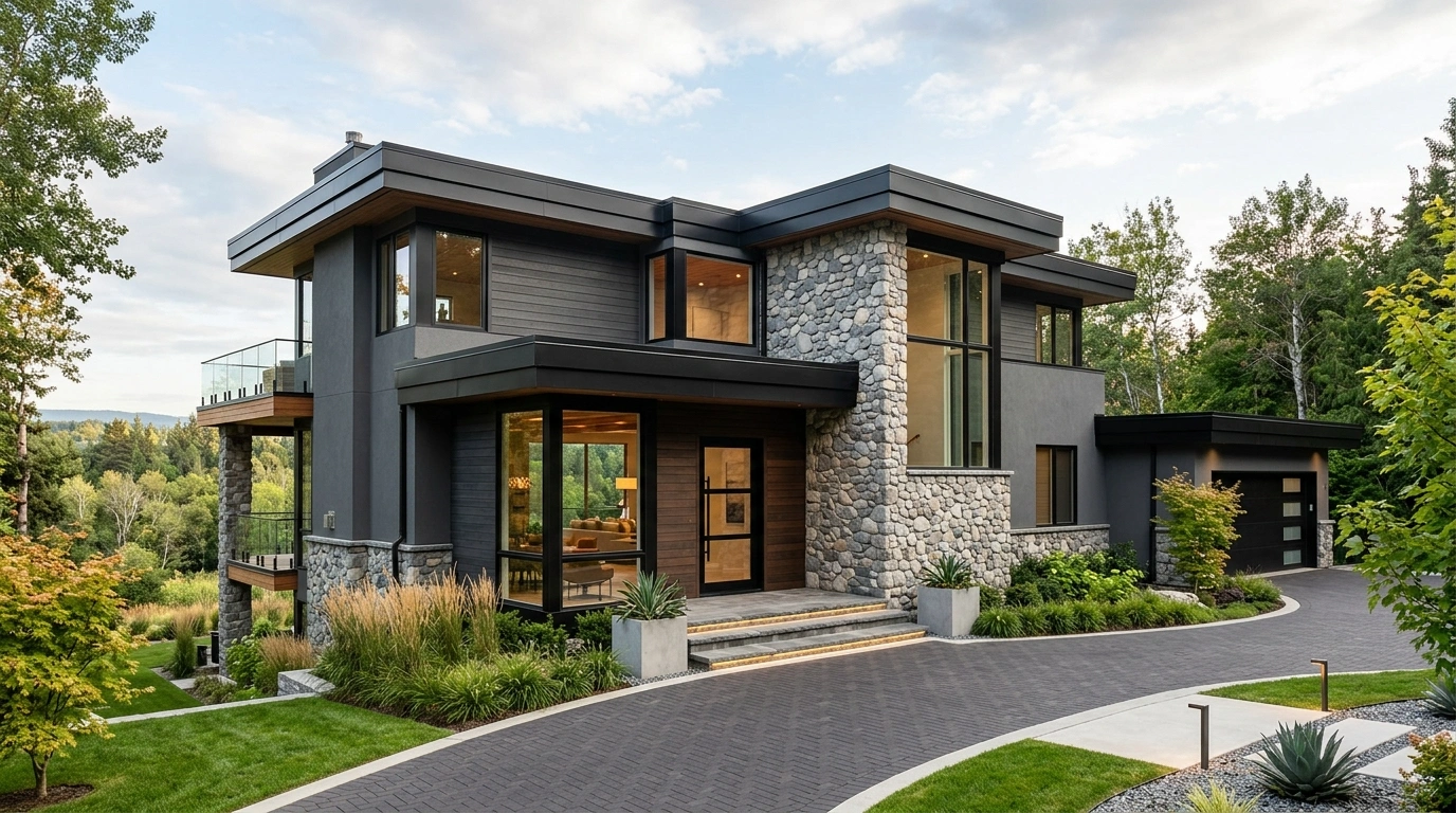 Modern Grey House with Black Trim and Stone