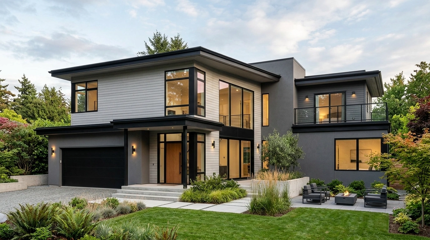 Modern Grey House with Black Trim and Large Windows