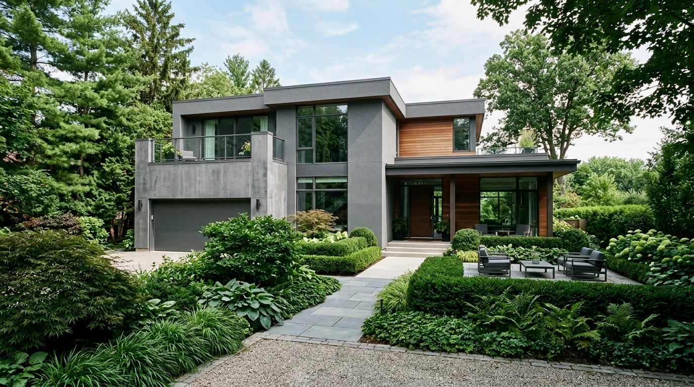 Grey House with Dark Green Landscaping