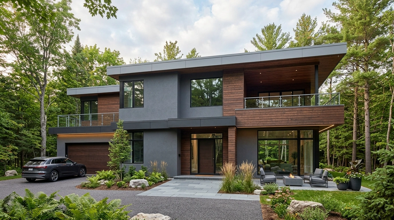 Modern Grey House with Dark Stained Wood Cladding