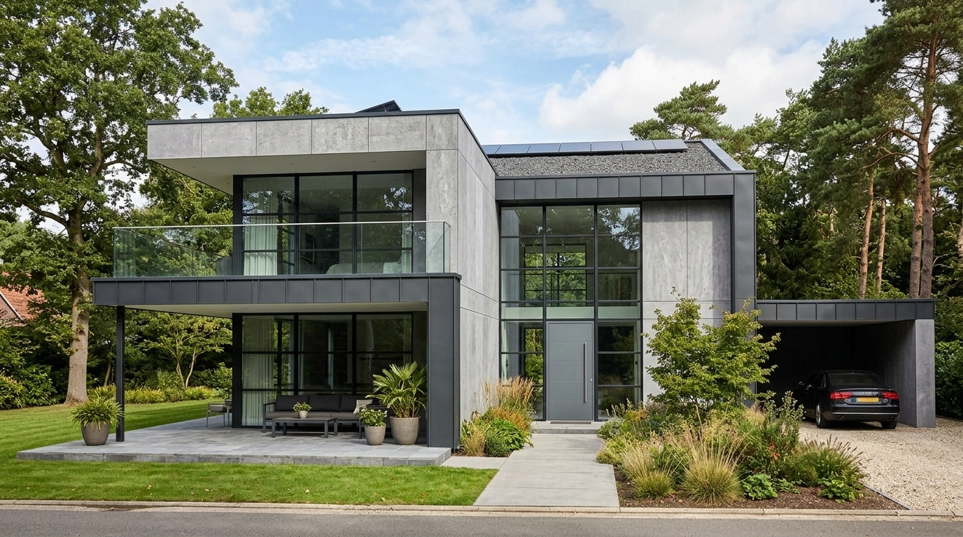 Modern Grey House with Glass and Steel features