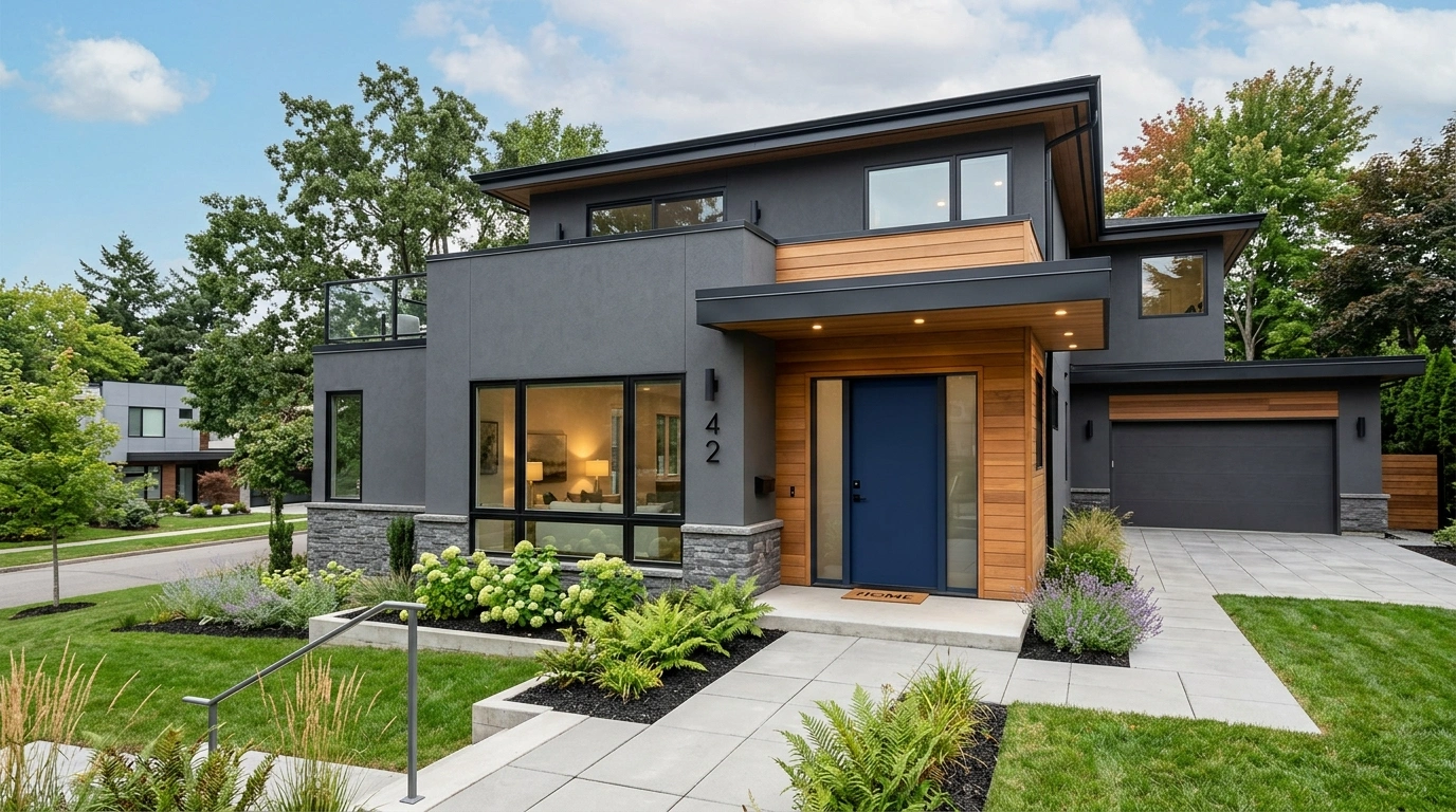 Modern Grey House with Navy Blue Front Door