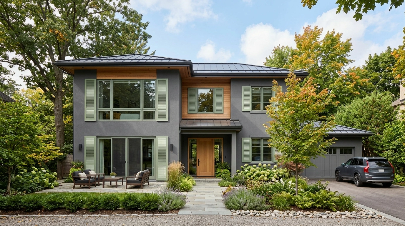 Modern Grey House with Sage Green Shutters