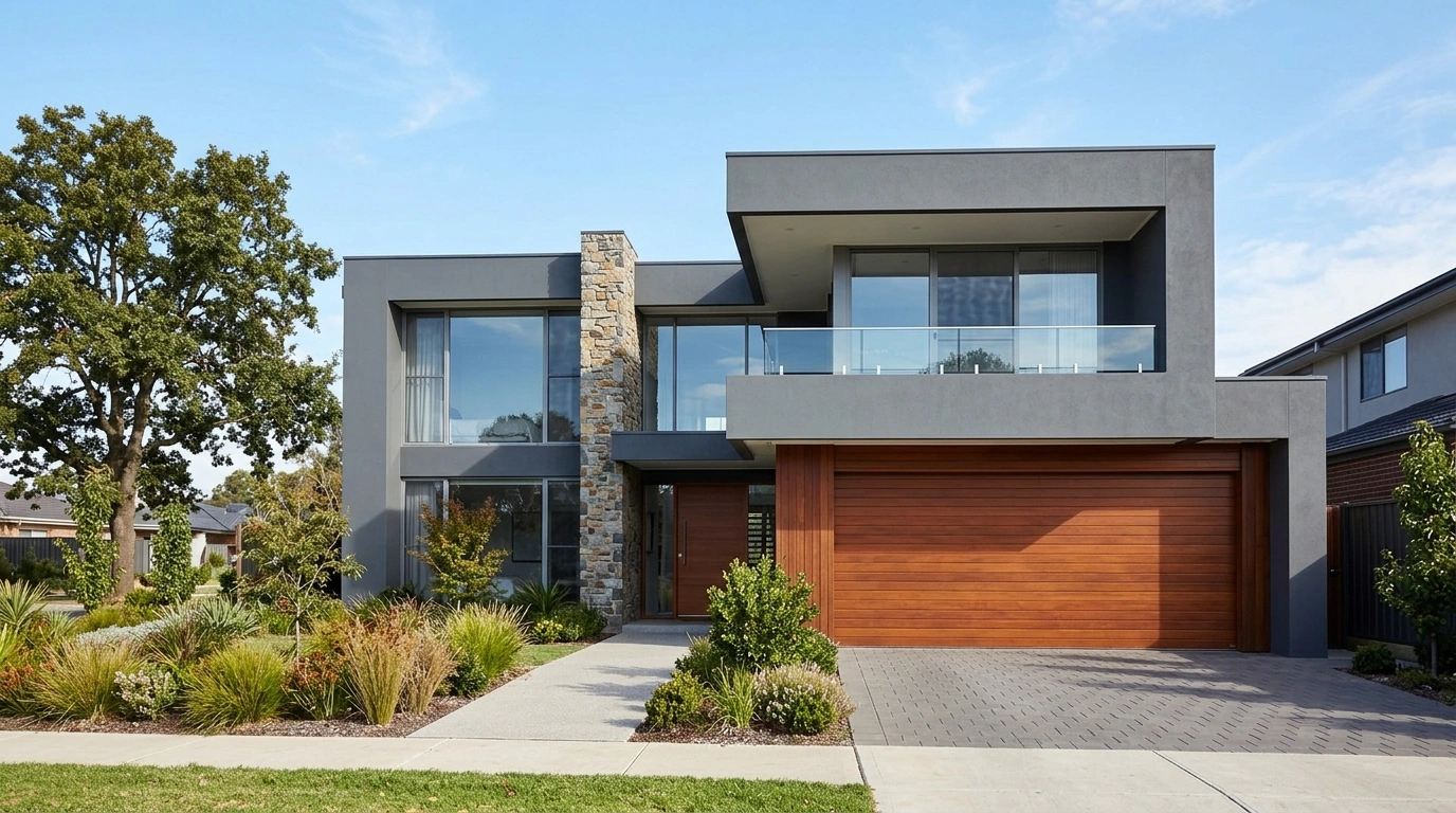 Modern Grey House with a warm wood Garage door