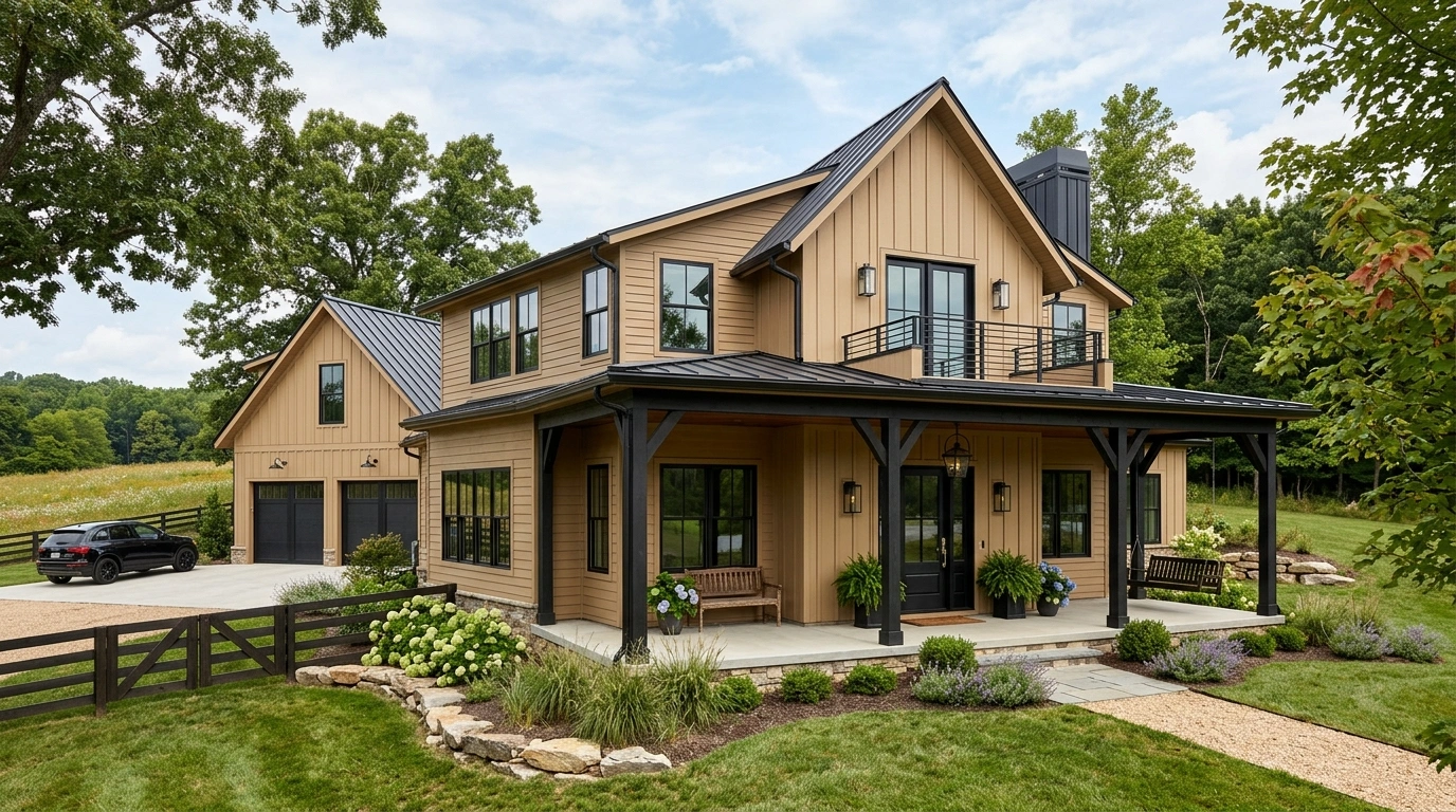 Modern Tan Farmhouse with Black Trim