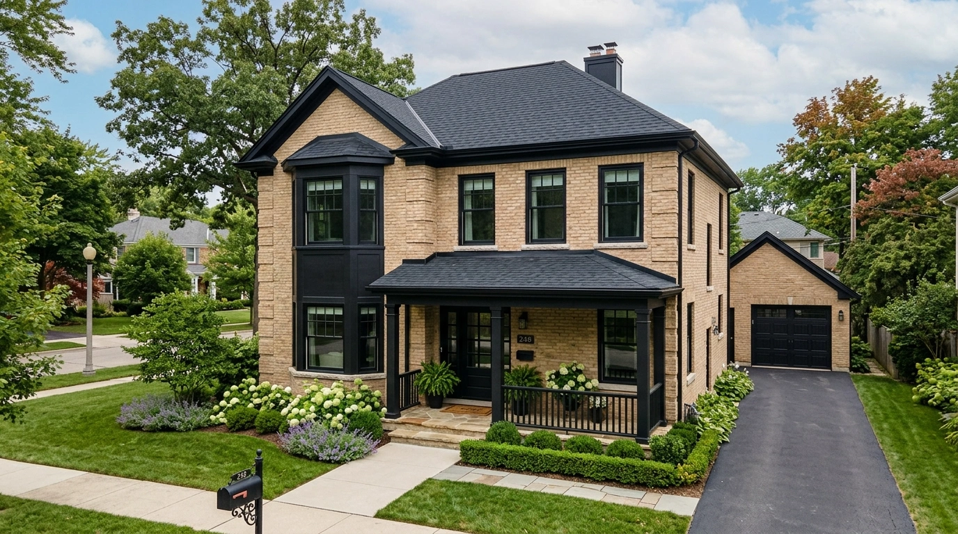 Tan Brick House with  Black Roof
