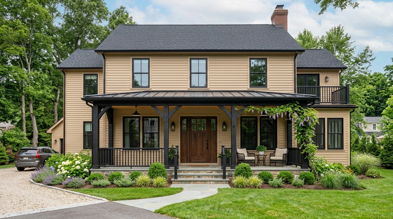 Tan House with Black-Framed Porch