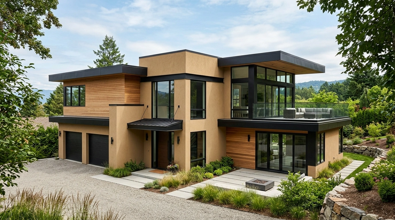 Tan House with Modern Black Architectural Lines
