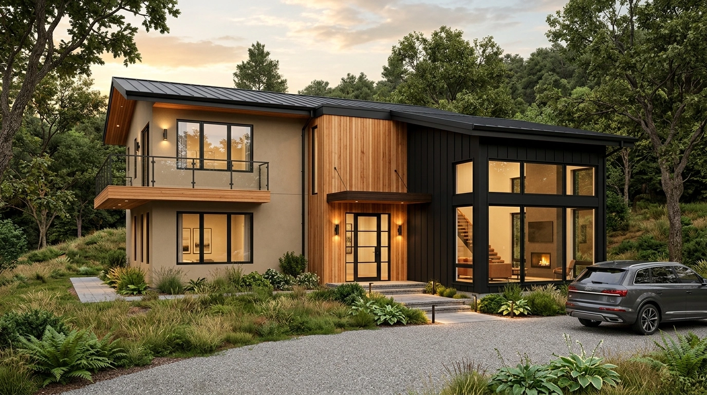 Tan House with Natural Wood and black exterior
