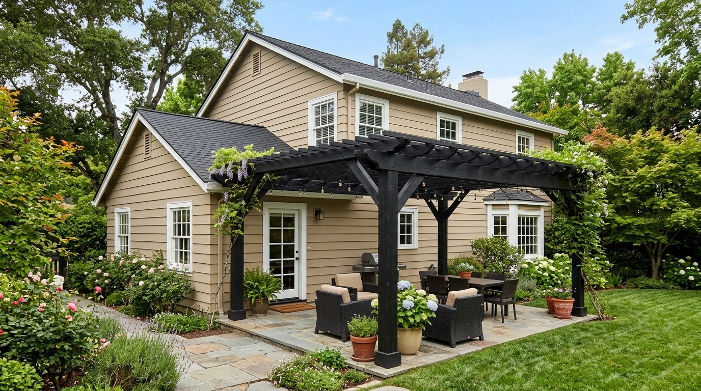 Tan House with a Black Pergola