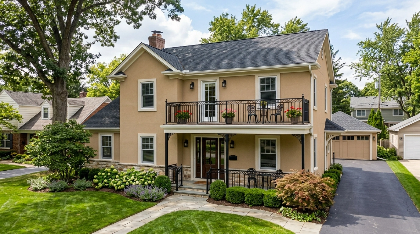Tan Two Story House  with Black Balcony railings