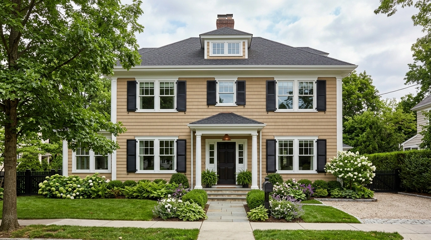 Traditional Tan House with  Black Shutters