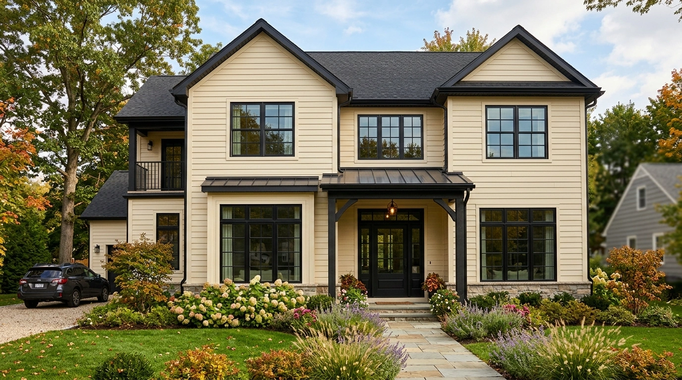 Warm Cream siding with Black Windows