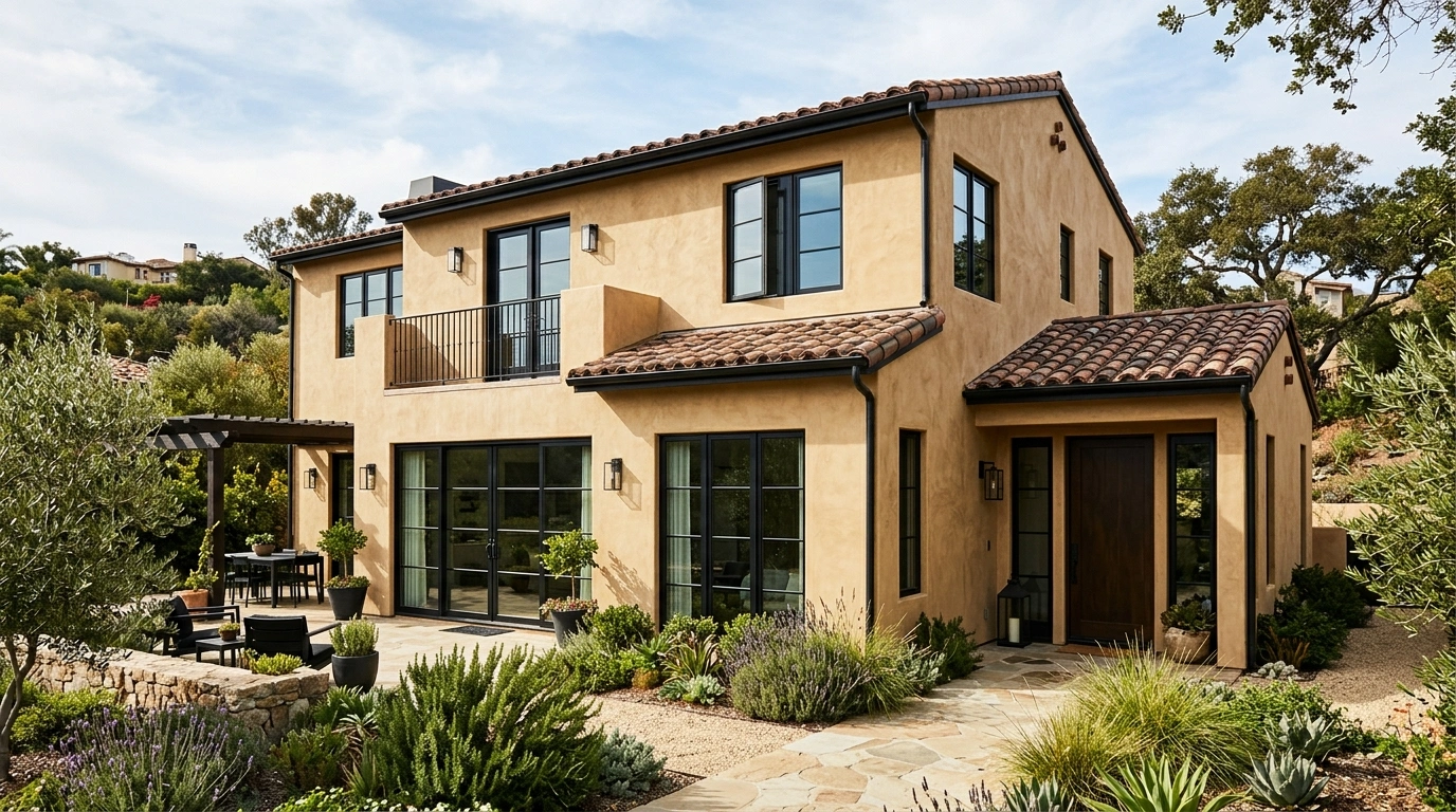 Warm Tan Stucco with Black Windows