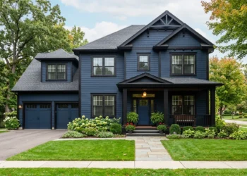 dark blue house with black trim