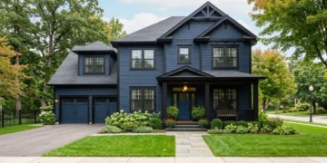 dark blue house with black trim