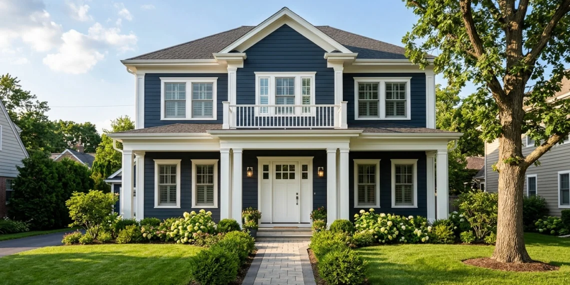 dark blue house with white trim