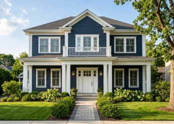 dark blue house with white trim