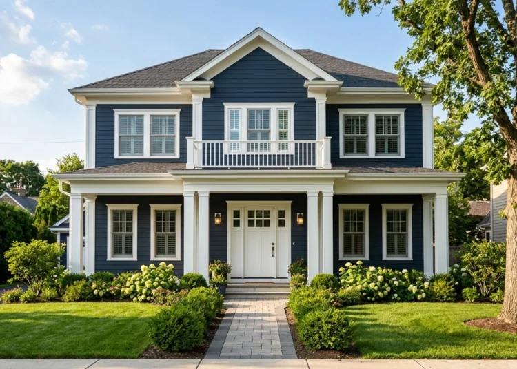 dark blue house with white trim
