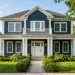dark blue house with white trim