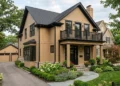 tan house with black trim