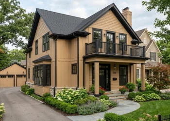 tan house with black trim