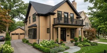 tan house with black trim