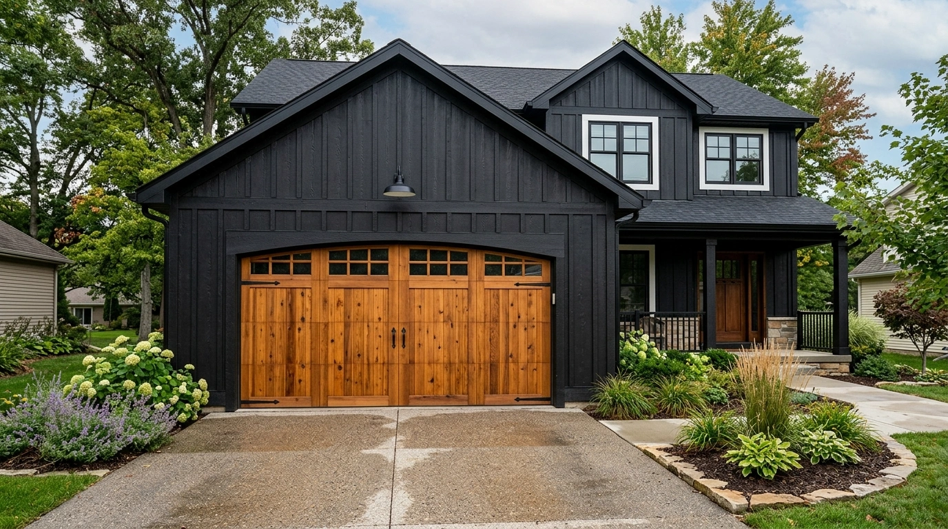 Black Board and Batten with Cedar Garage Door