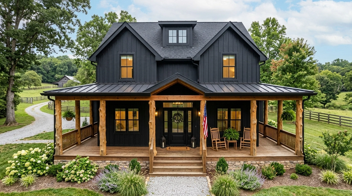 Black Farmhouse with Cedar Porch Columns