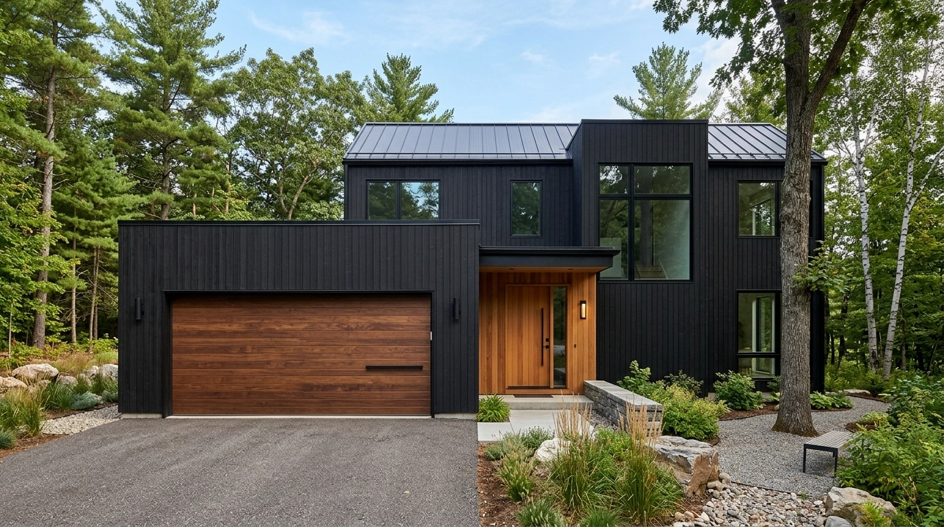 Black House With Walnut Garage and Cedar Door
