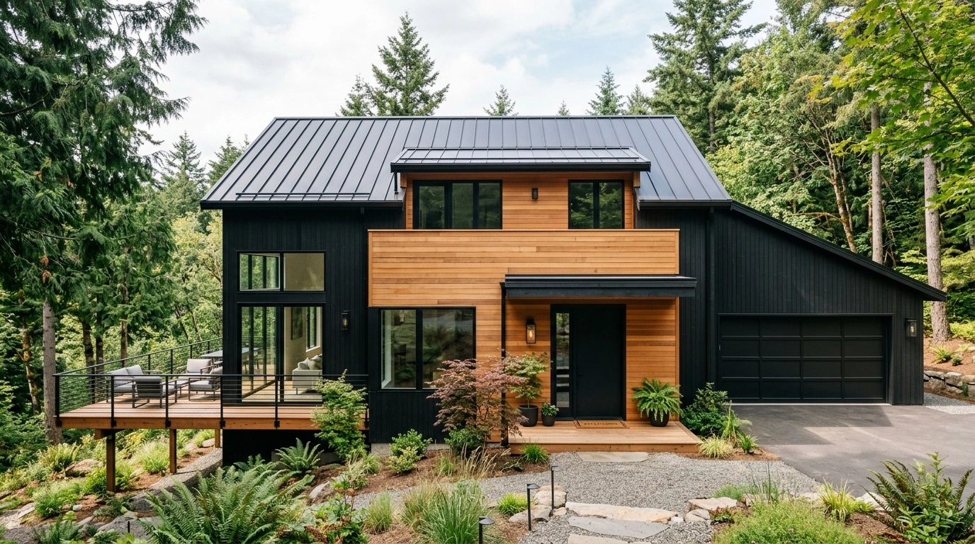 Black House with Cedar Accents and Metal Roof