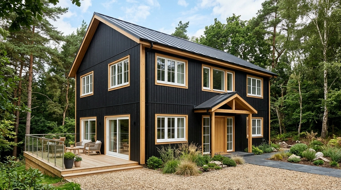 Black House with Light Oak Trim and white windows