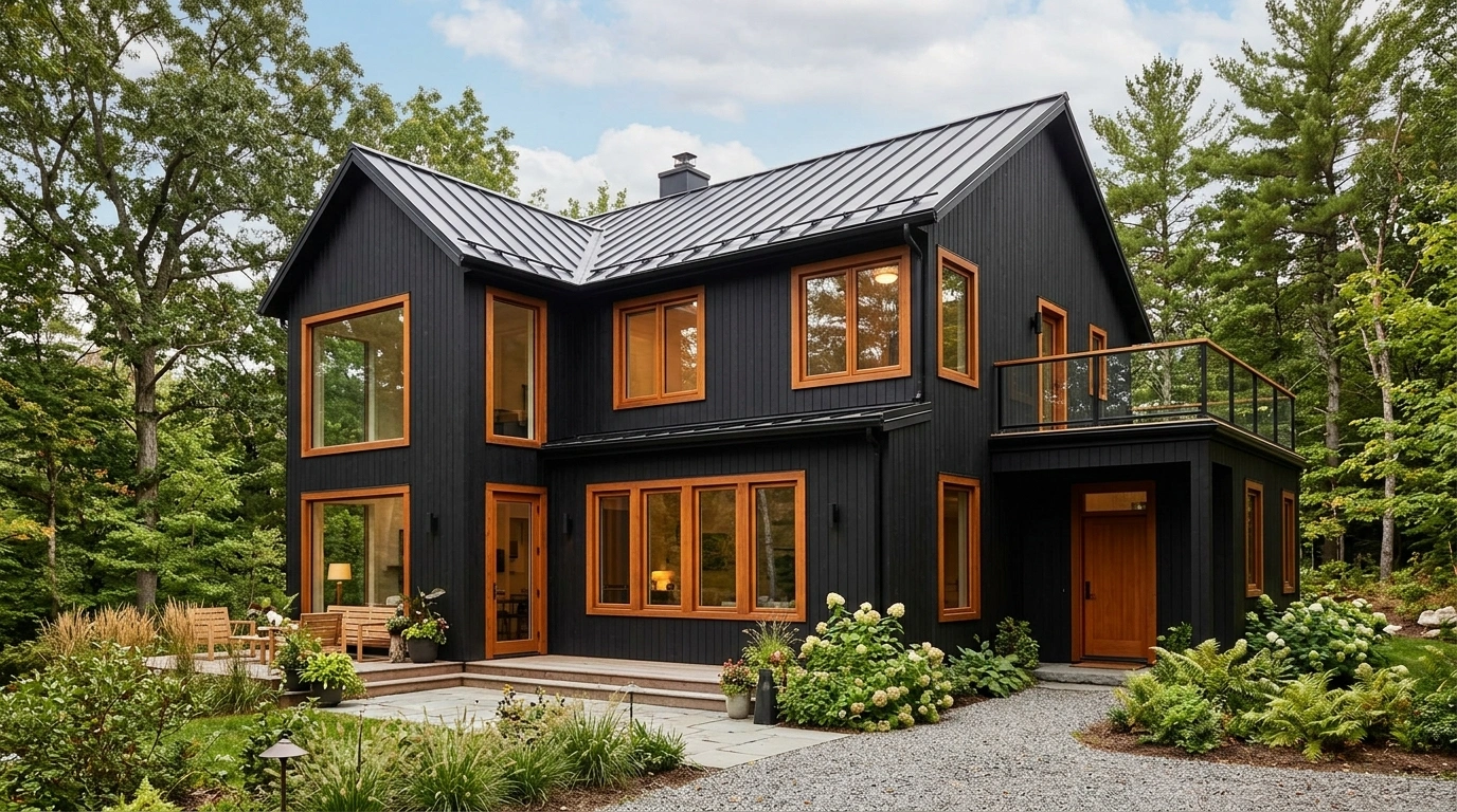 Black House with Stained Wood Window Trim