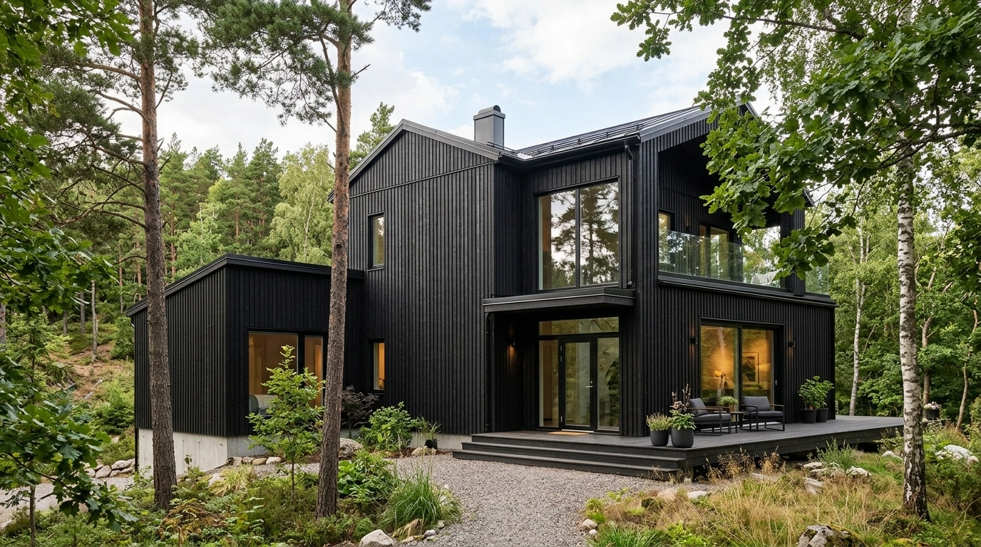 Black House with Vertical Wood Cladding Panel