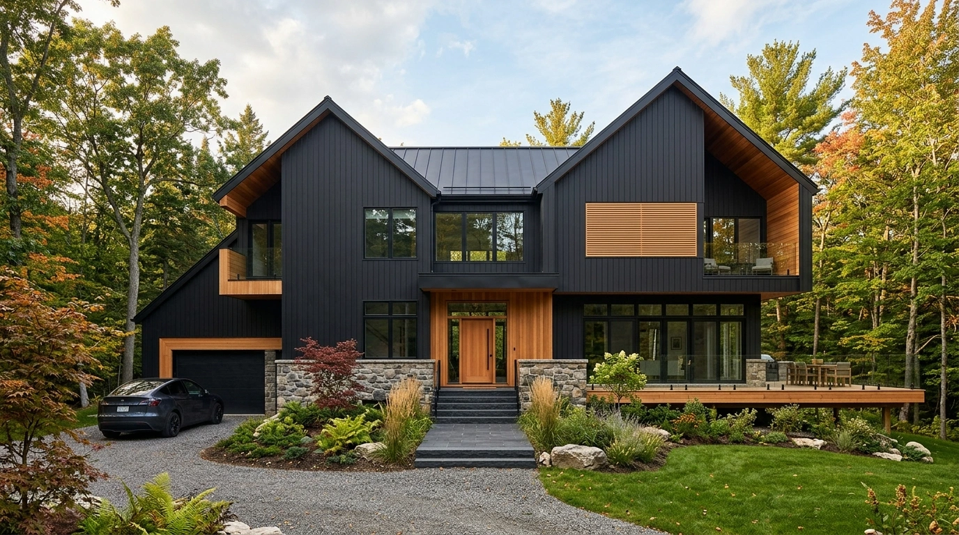 Black House with Wood Accents and Stone Base