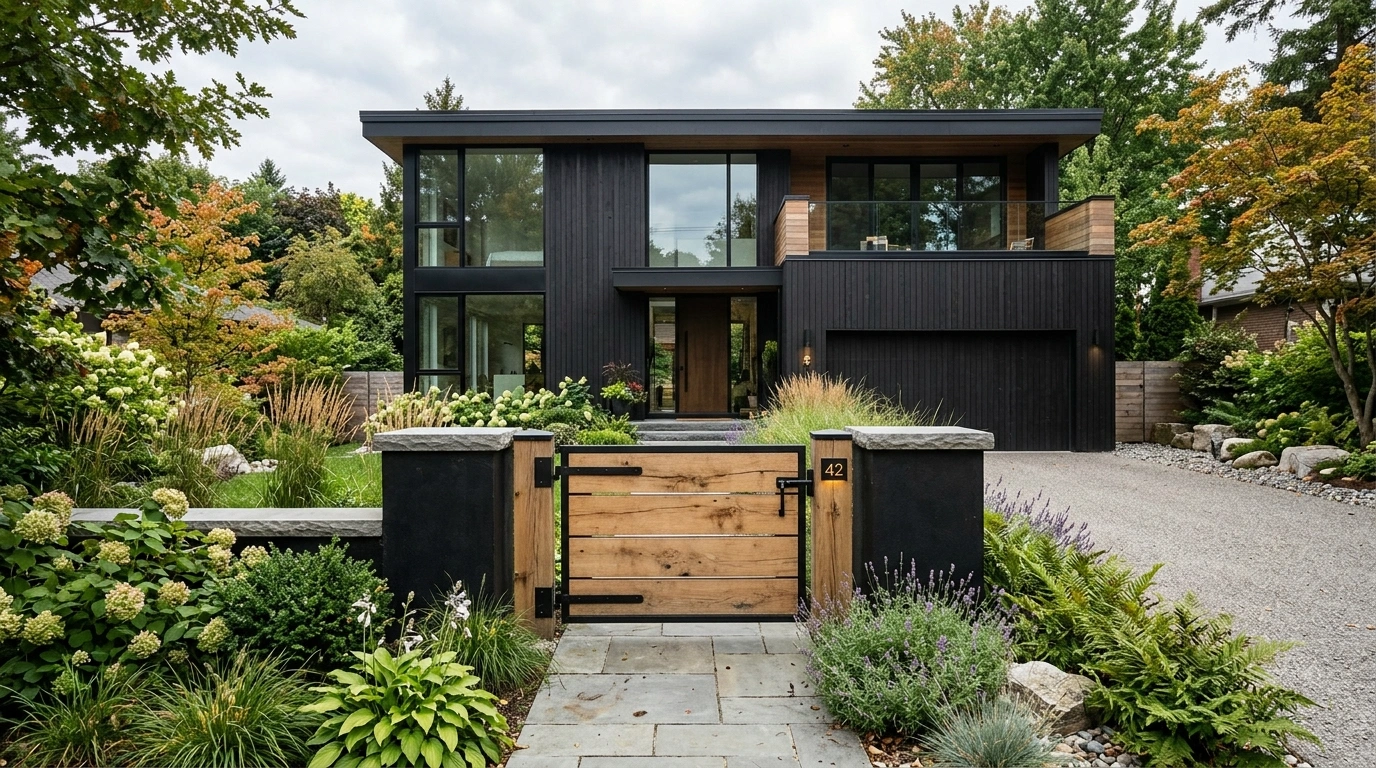 Black House with Wood Front Gate