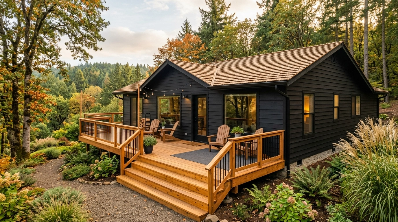 Black Ranch House With Natural Wood Deck