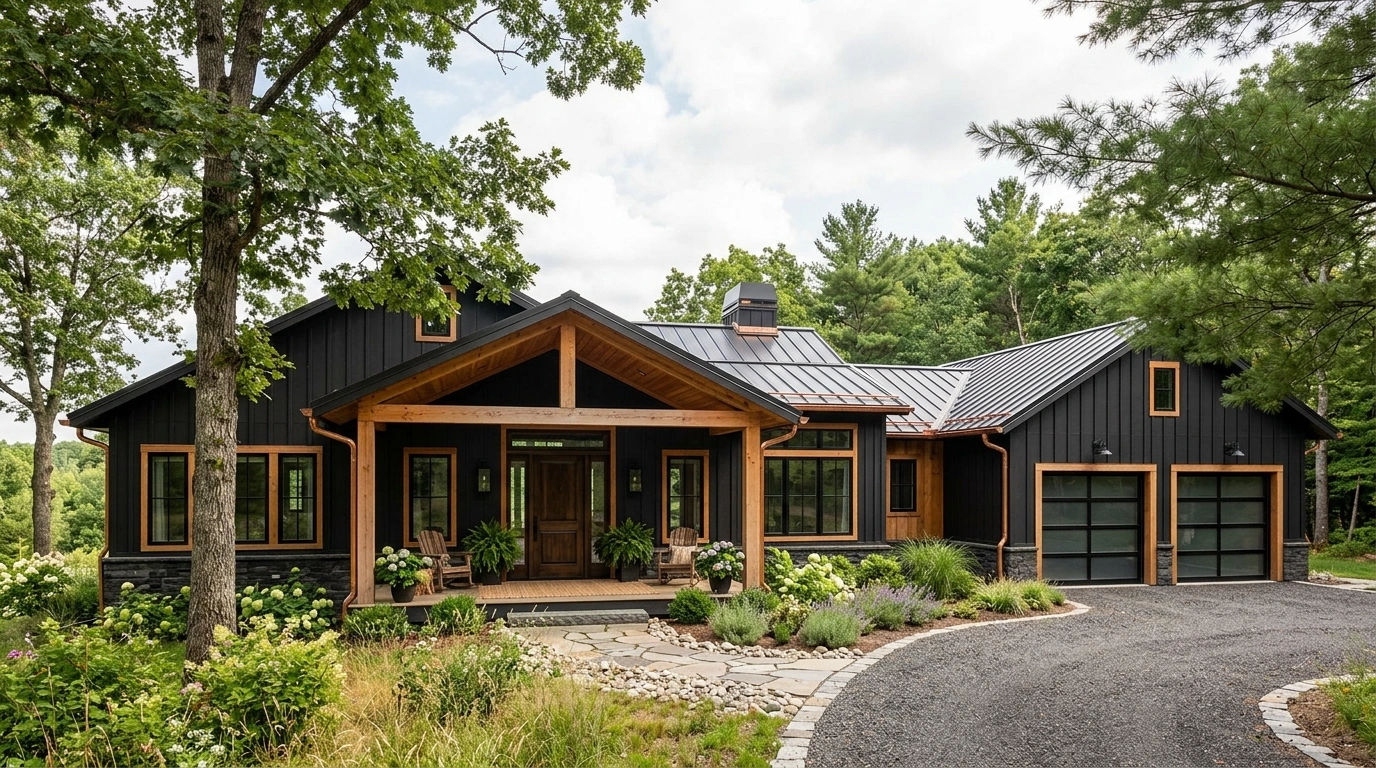 Black Ranch House with Wood Accents and Copper Gutters