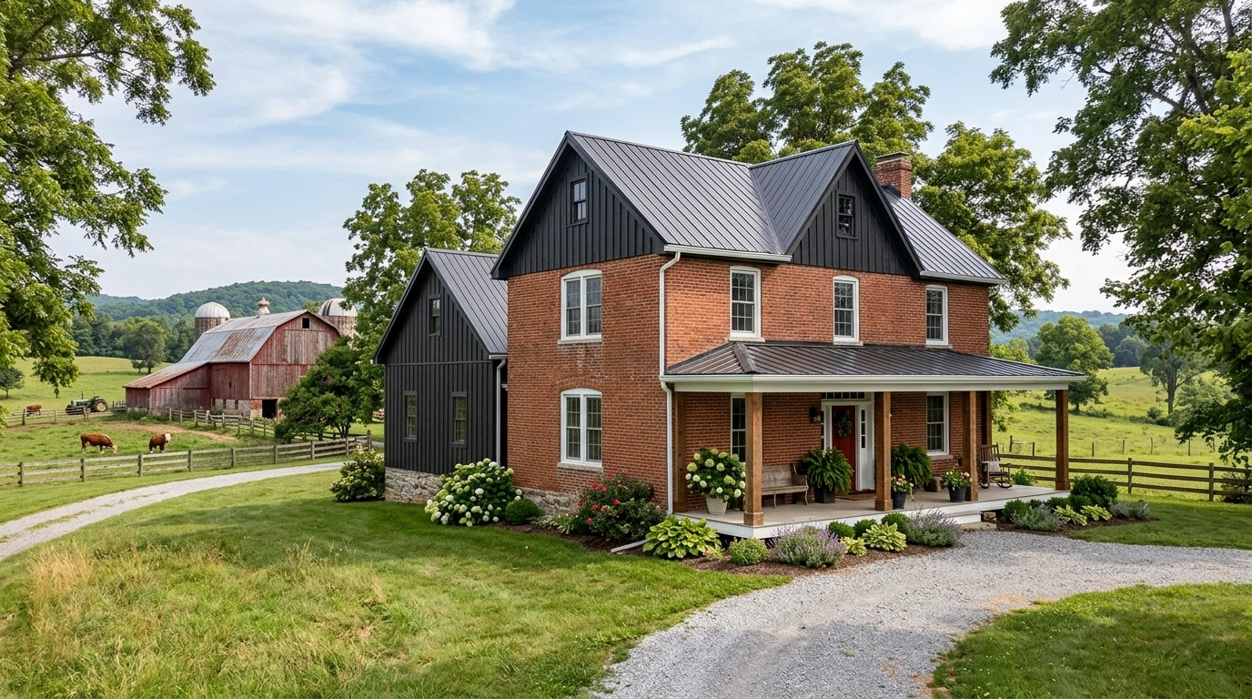 Red Brick Farmhouse with Dark Board and Batten Fables
