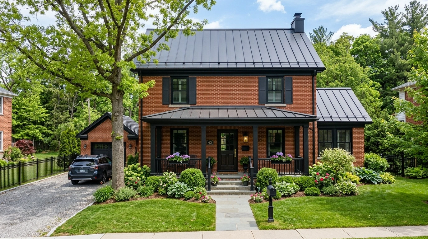 Red Brick House With Black Trim and a Metal Roof
