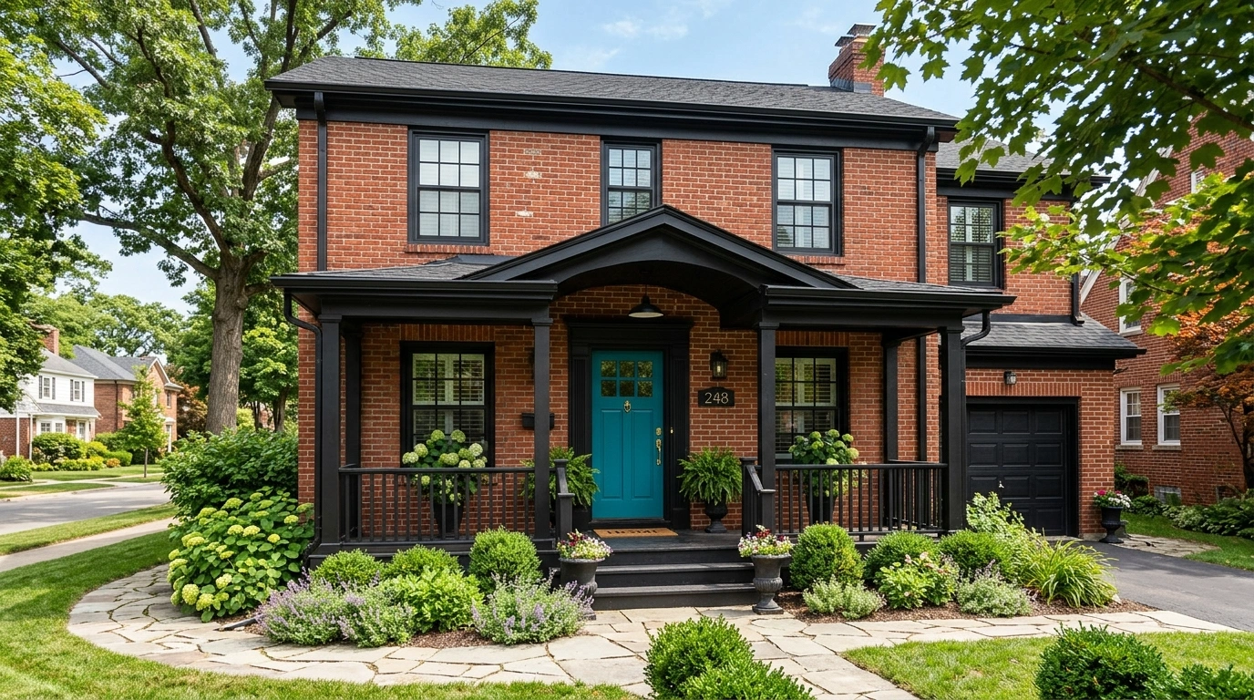 Red Brick House with Black Trim and a Statement Front Door