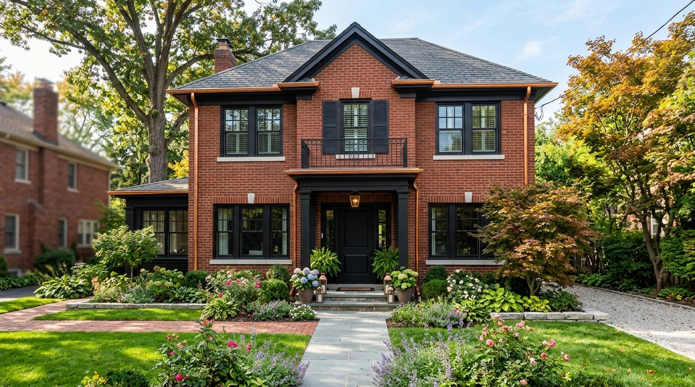 Red Brick House with Black Trim and Copper Gutters