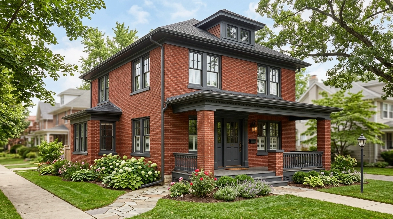 Red Brick House with Charcoal Trim Instead of True Black