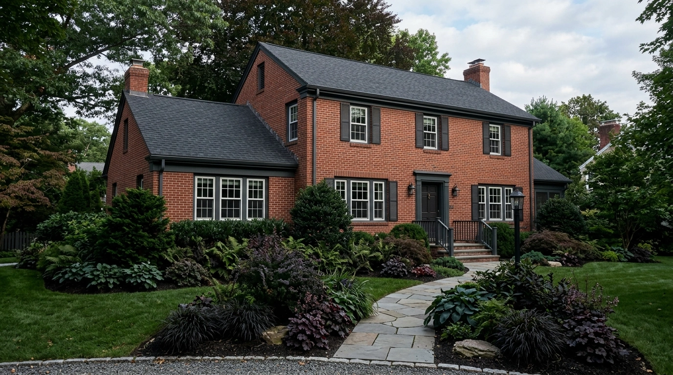 Red Brick House with Dark Landscaping