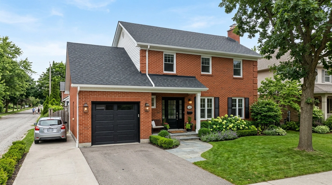 Red Brick House with a Black Garage Door