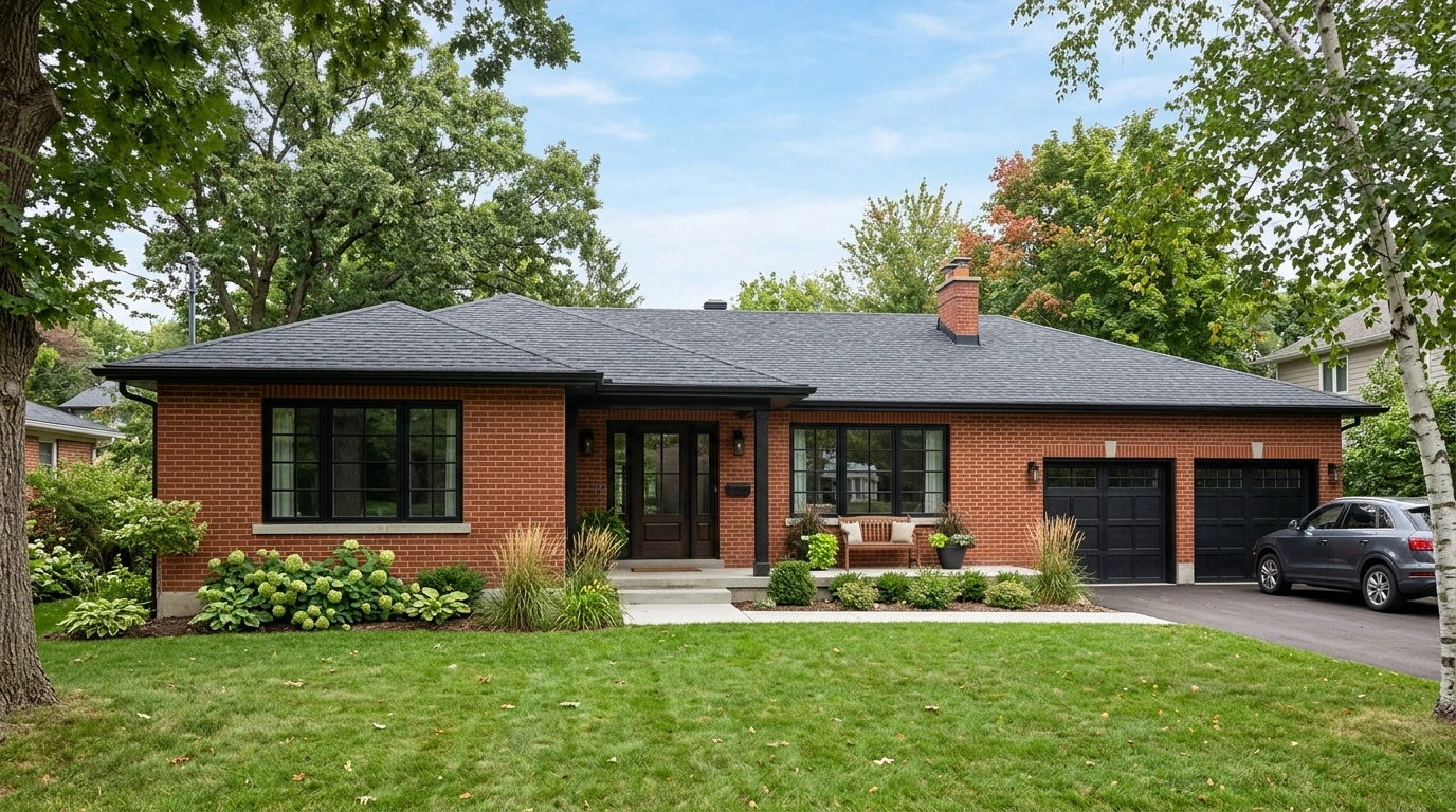 Red Brick Ranch with black window frames only